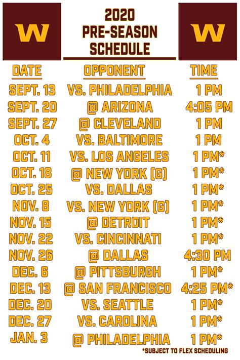 Printable Washington Football Team Schedule